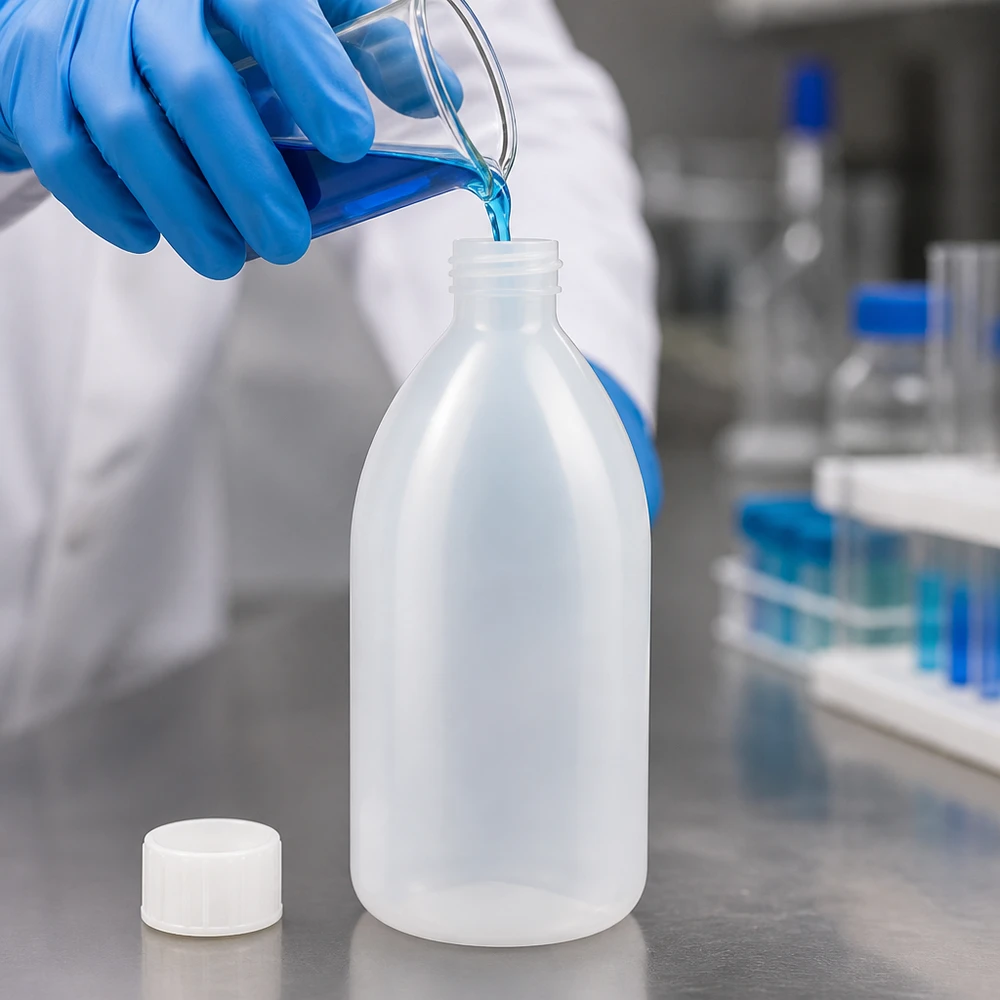 1000ml Enghals Schraubflasche aus PE im Chemielabor neben Reagenzgläsern mit blauer Lösung