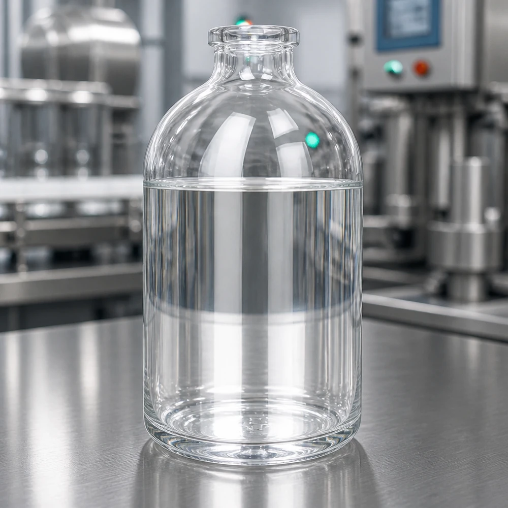 Medizinische Klarglasflasche 100ml mit flachem Standboden vor industriellem Maschinenhintergrund