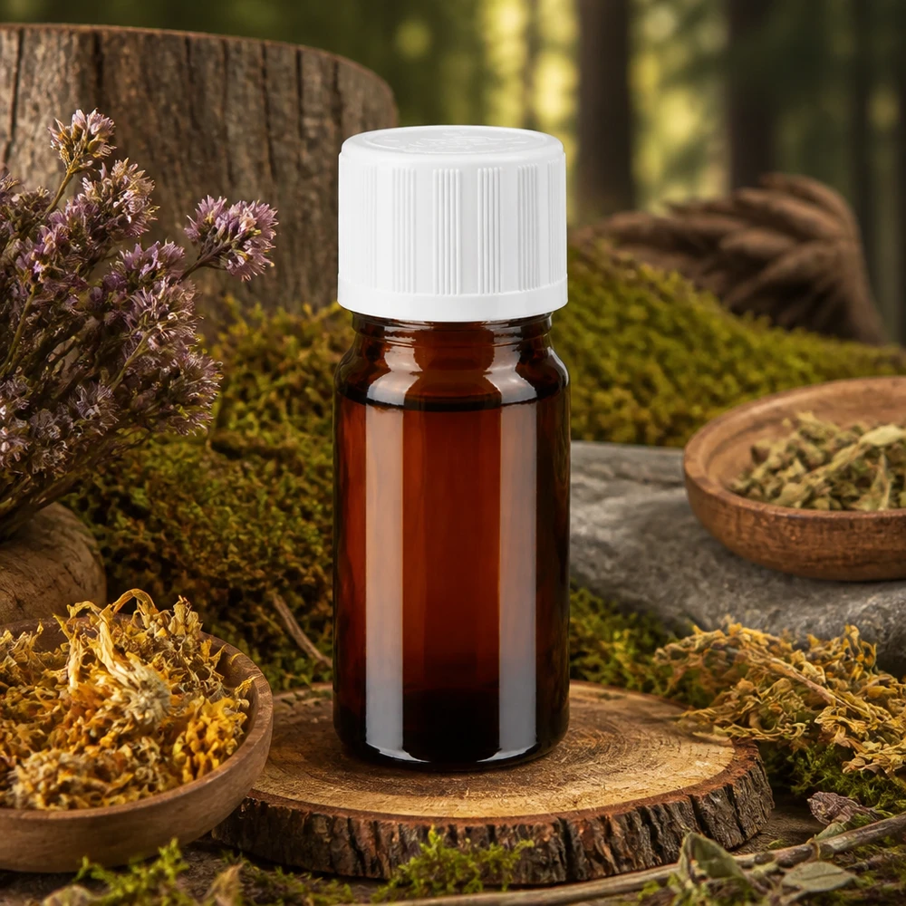 Bruine glazen fles 5ml met wit druppelsluiting kinderslot St Een druppelflesje van 5 ml van bruin glas met een KiSi-dop, tussen goudsbloemen en groen bosmos