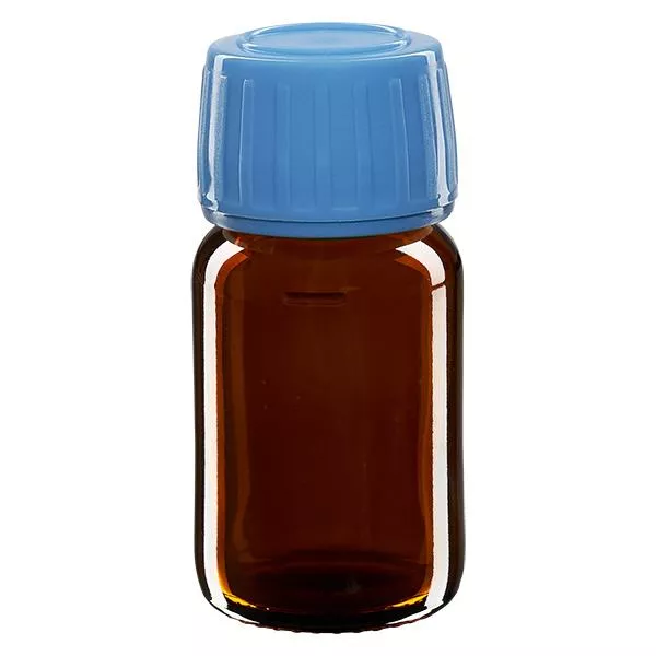 30ml Euro-medicijnfles bruin met blauwe schroefsluiting VR 30ml Euro-medicijnfles bruin met blauwe schroefsluiting VR
