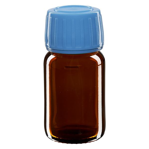 30ml Euro-medicijnfles bruin met blauwe schroefsluiting VR 30ml Euro-medicijnfles bruin met blauwe schroefsluiting VR