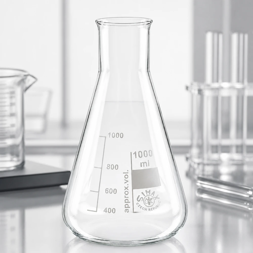 Erlenmeyer 1000ml wijde hals borosilicaat met afgeronde rand Erlenmeyer 1000ml wijde hals borosilicaat met afgeronde rand