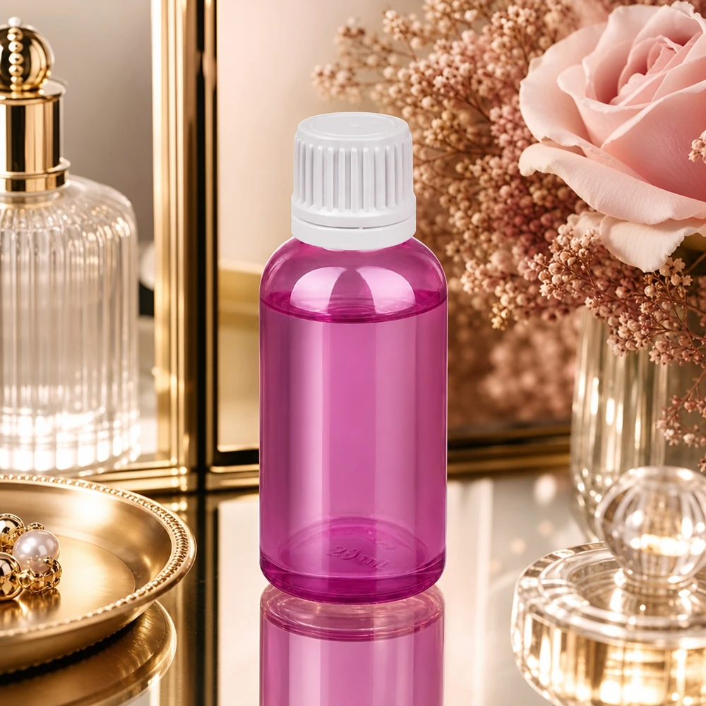 Praktisch 30ml violet flesje met witte dop, ideaal voor op reis en onderweg