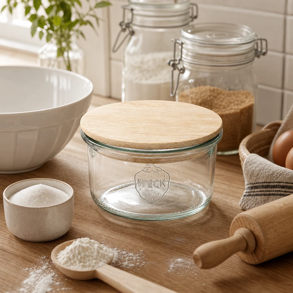 165ml stortglas WECK RR80 met hout deksel WECK RR80 165ml mason jar met bamboe deksel in een natuurlijke keukenscène met bakingrediënten en houten keukengerei
