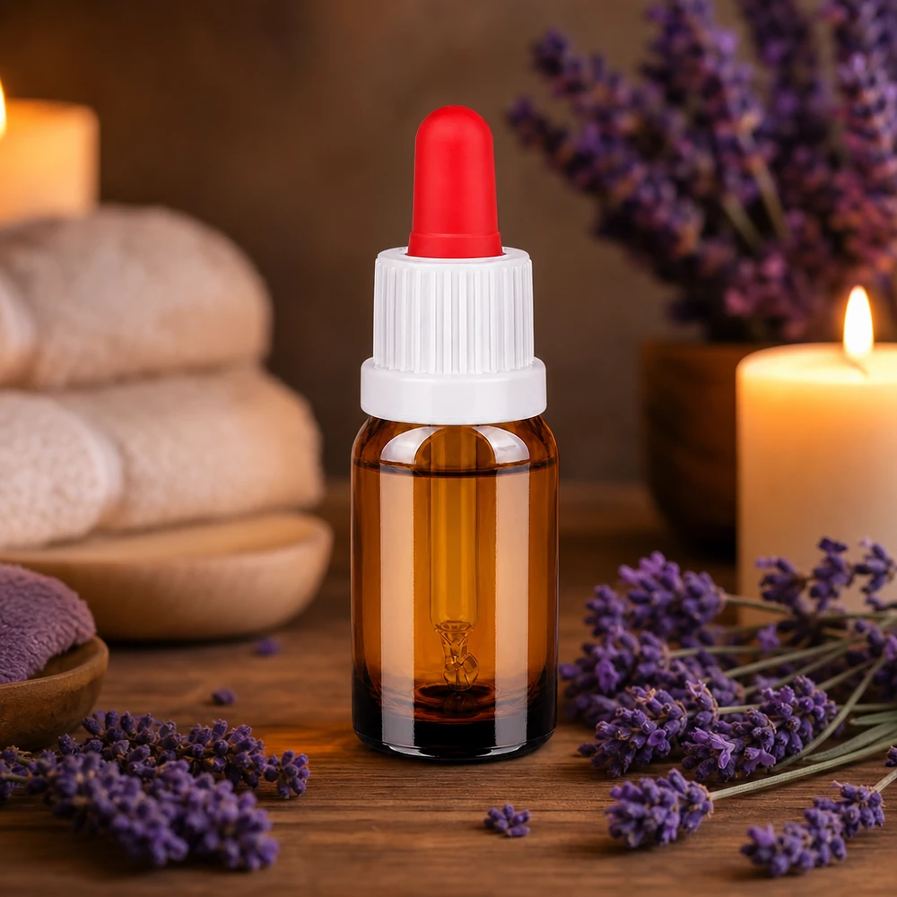 10ml pipetfles wit/rood OV BrownLine UT18/10 Klein pipetflesje van 10 ml in compact formaat met rode druppelaar voor aromatherapietoepassingen