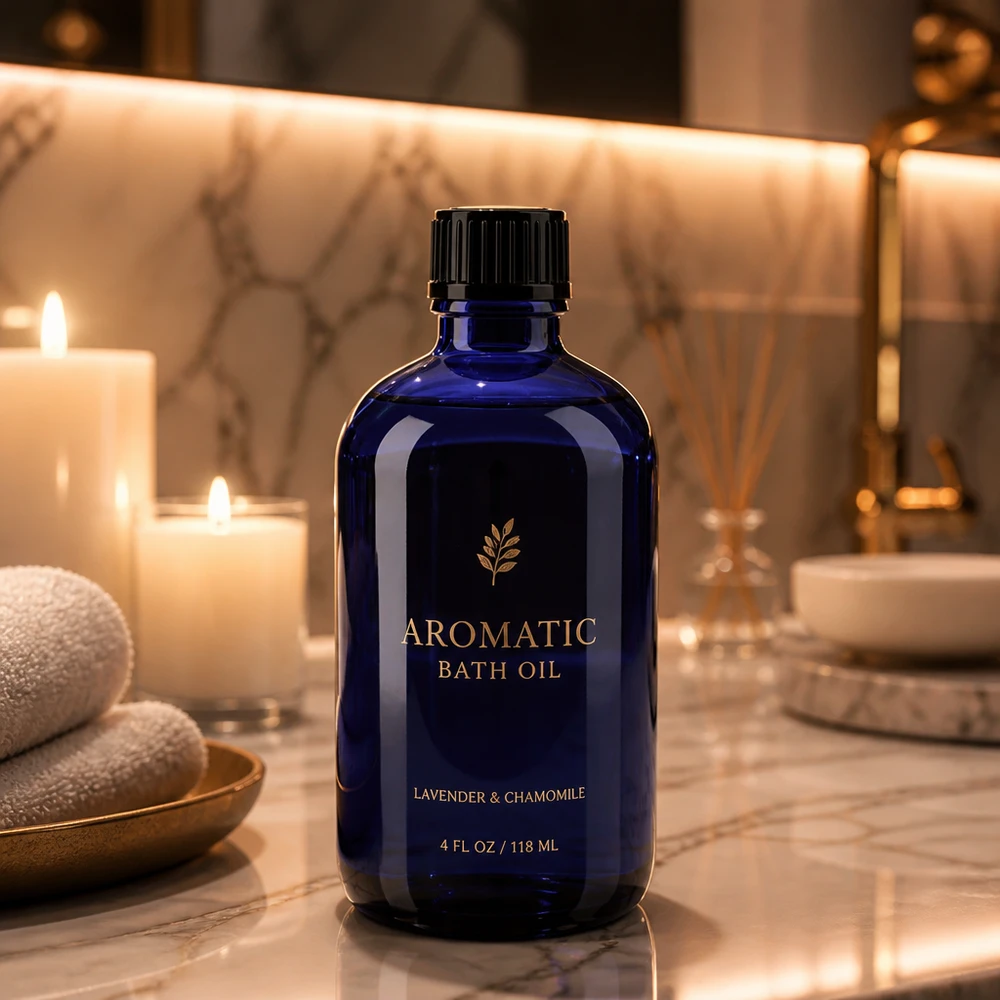 Blauwe glazen fles met zwarte schroefdop en druppelaar van 1 mm voor aromatherapie