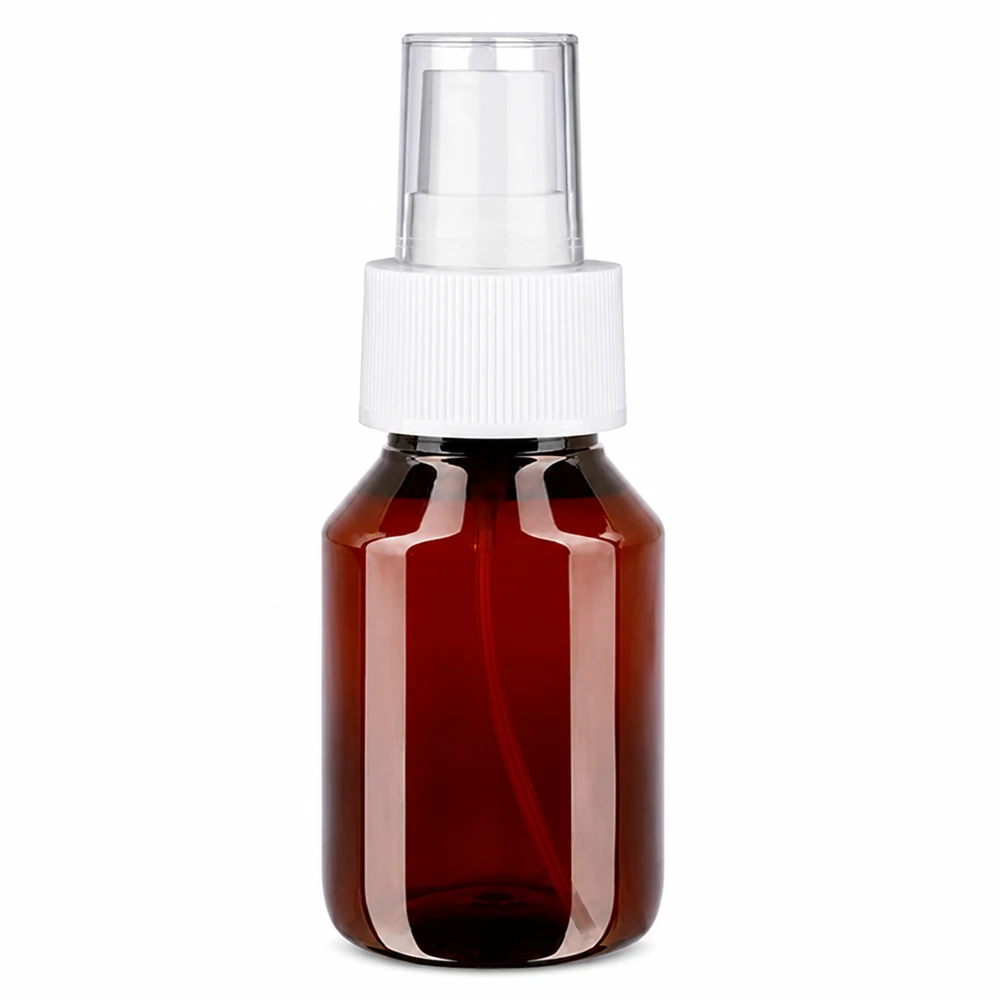 50 ml PET medicijnfles met verstuiver wit GCMI 28/410 incl. dop transparant, standaard Nachfüllbare PET Flasche 50ml mit weissem Zerstäuber ideal für Parfum und Seren