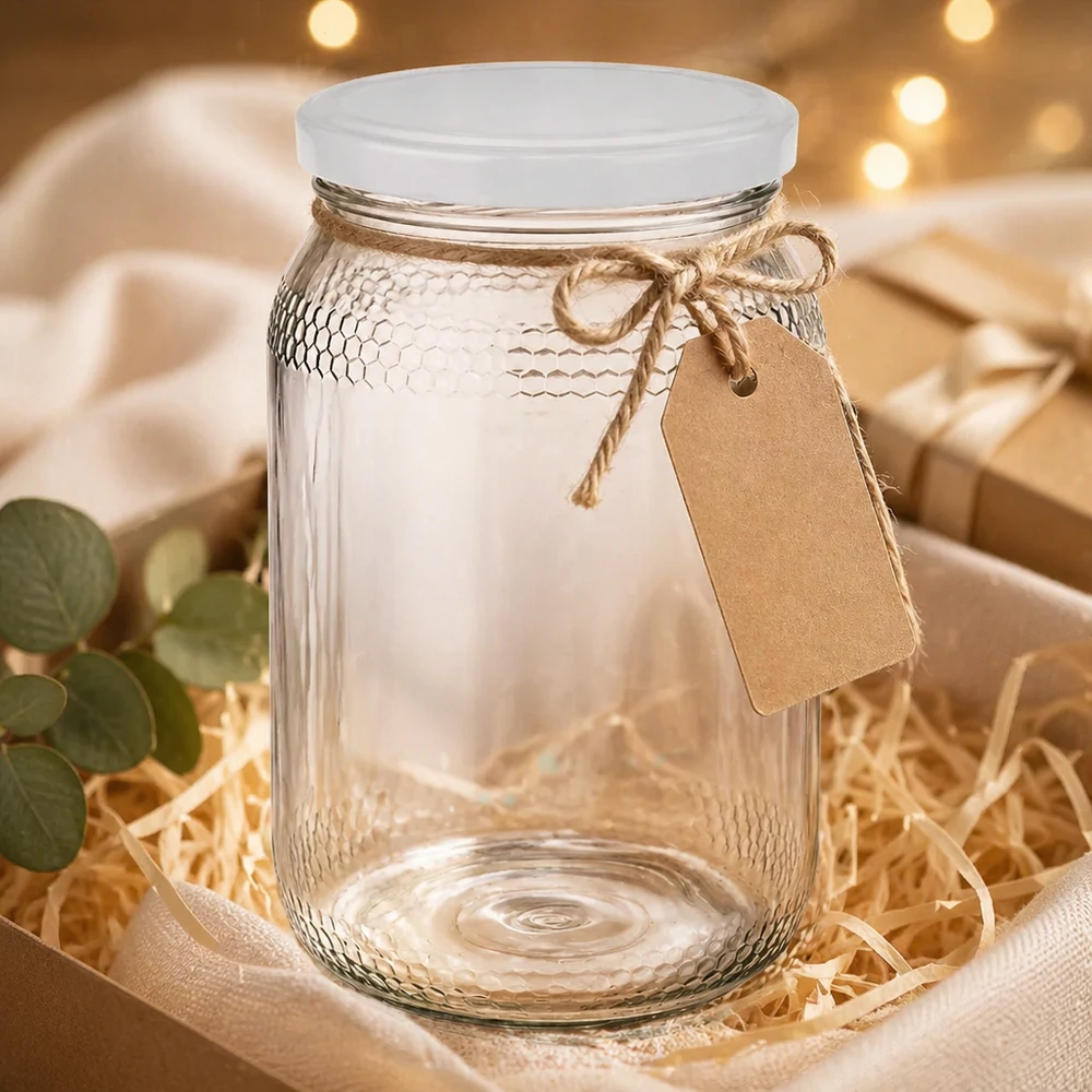 Lege 900ml honingpot met wit BasicSeal deksel en cadeaulabel in rustieke geschenkverpakking