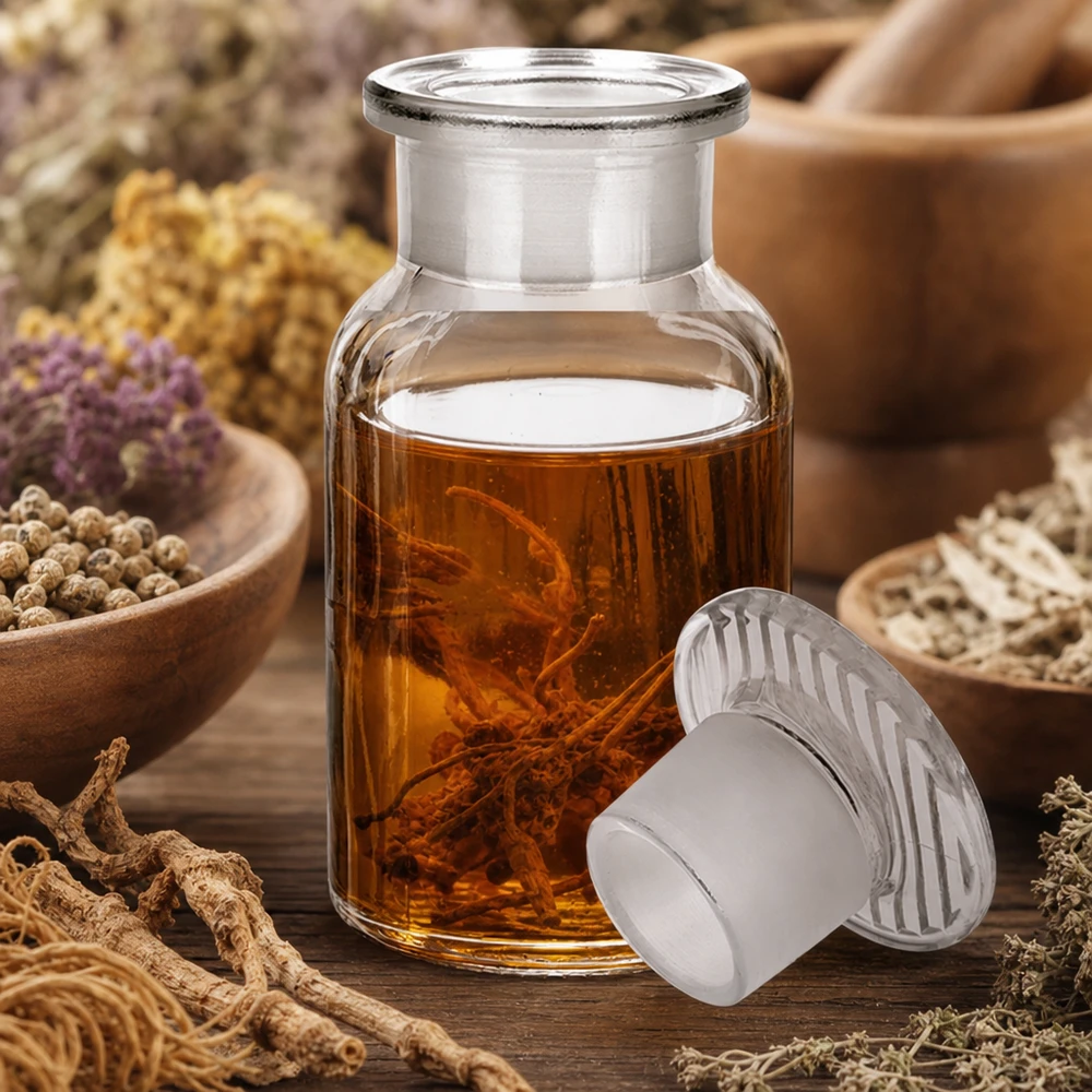 Kleine voorraadfles van 100 ml, helder glas, met glazen stop met brede hals, voor natuurgeneeskunde en cosmetica