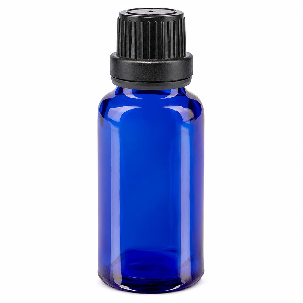 Blauwe Apofles van 20 ml met zwarte veiligheidsdop van 11 mm voor etherische oliën