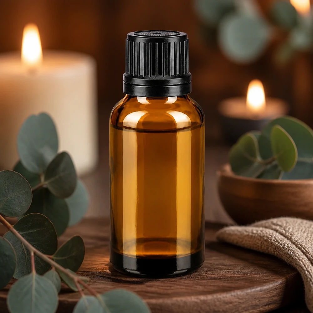 Bruine glazen flesje van 20 ml met zwarte OV-sluiting voor aromatherapie en natuurlijke cosmetica