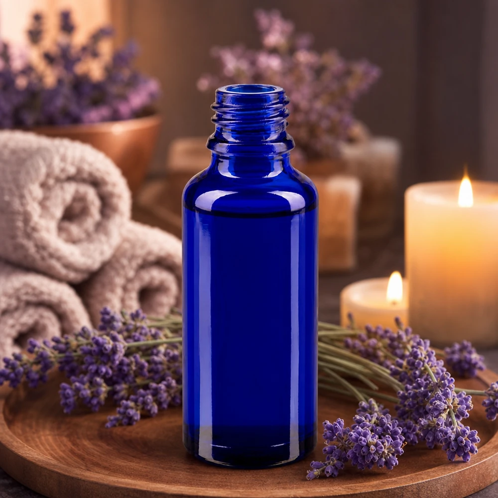 Blauwe glazen fles 30ml Compacte blauwe ApoGlas-fles van 30 ml, ideaal voor het bewaren van lavendelolie en essences