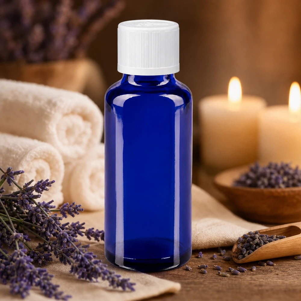 Blauw medicijnflesje van 30 ml met kindveilige KiSi-sluiting voor etherische oliën en essences
