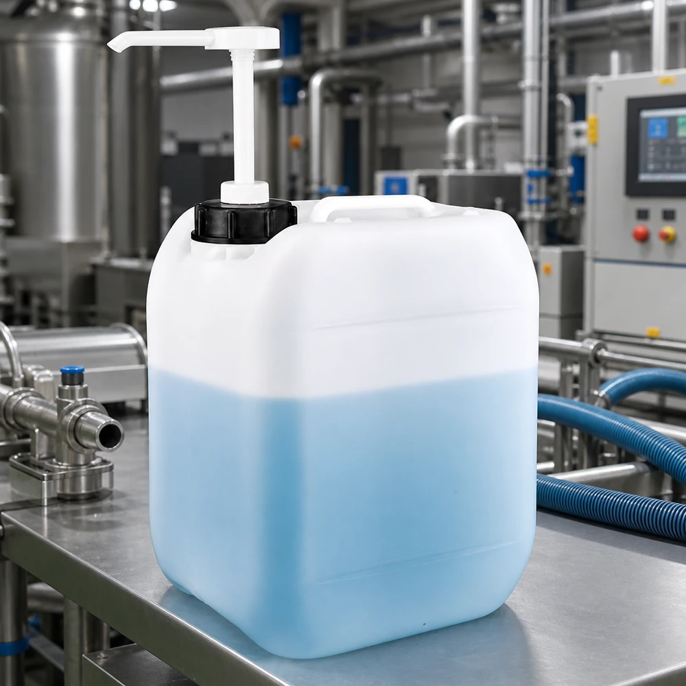 5l Jerrycan, UN-toelating, met doseerpomp Rechthoekige kunststofkan van 5 liter met pompdispenser en lichtblauwe vloeistof in een industriële omgeving
