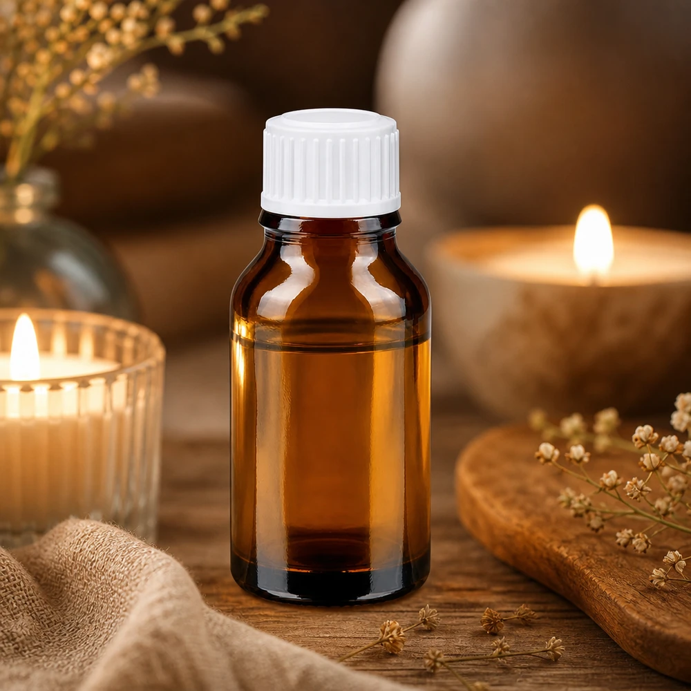 Bruine glazen fles 15ml met wit schroefsluiting St Druppelflesje uit de apotheek, 15 ml, bruin-amberkleurig glas met witte schroefdop, in een warme sfeer