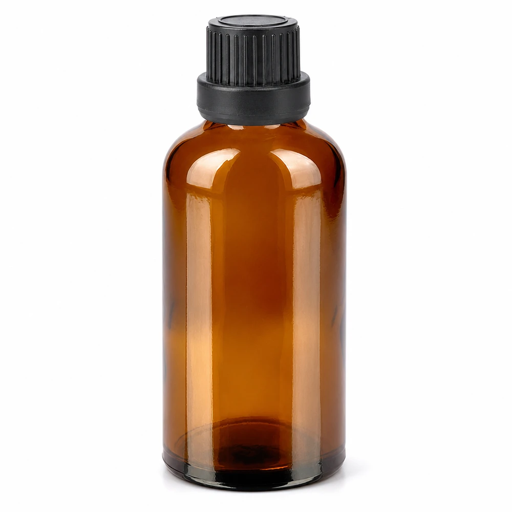 50ml fles 11mm SV zwart OV BrownLine UT18/50 Hoogwaardige 50ml fles van donker glas met lekvrije zwarte dop