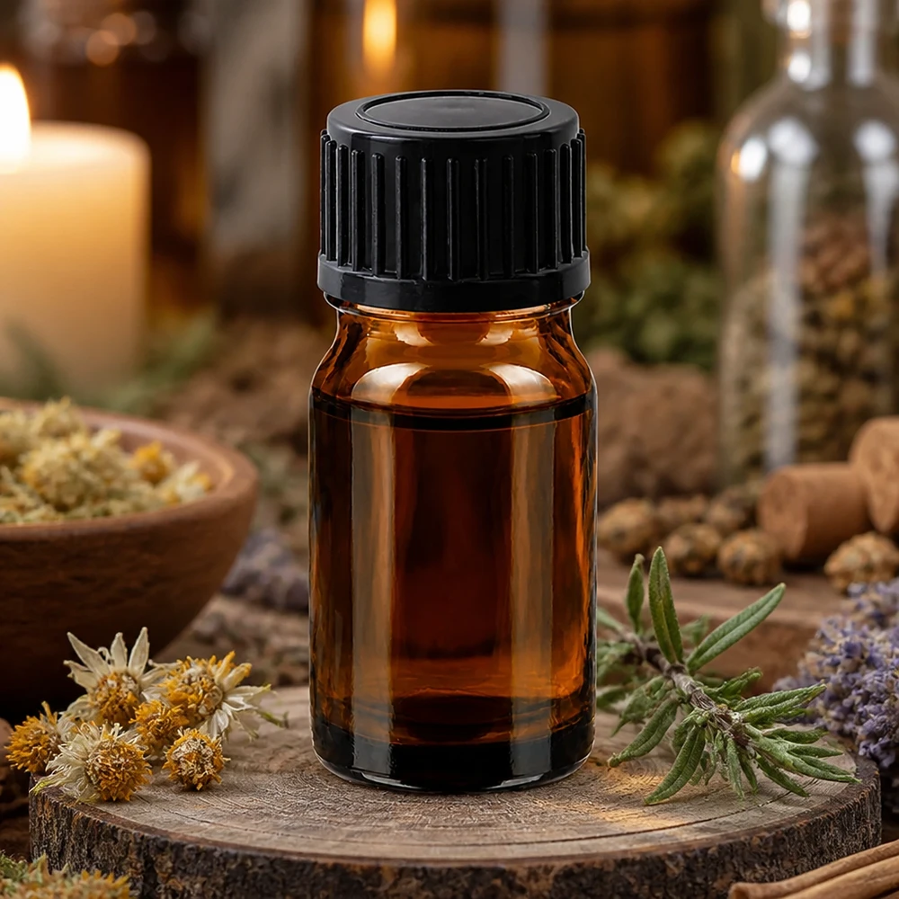Hoogwaardige glazen fles van 5 ml in bruin met zwarte dop voor het nauwkeurig doseren van essences