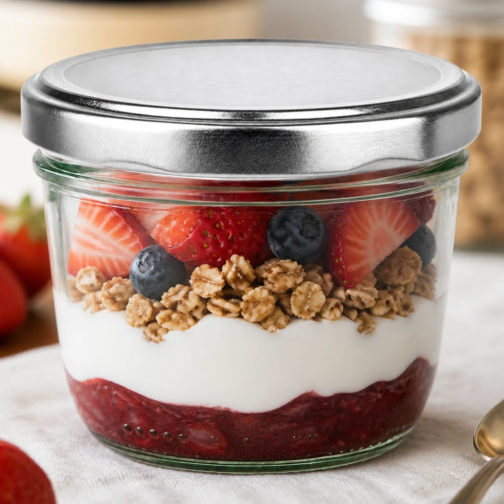 230ml bekers met zilveren BasicSeal deksel gevuld met yoghurt bessen noten als dessert in een potje Voorbeeld van gebruik