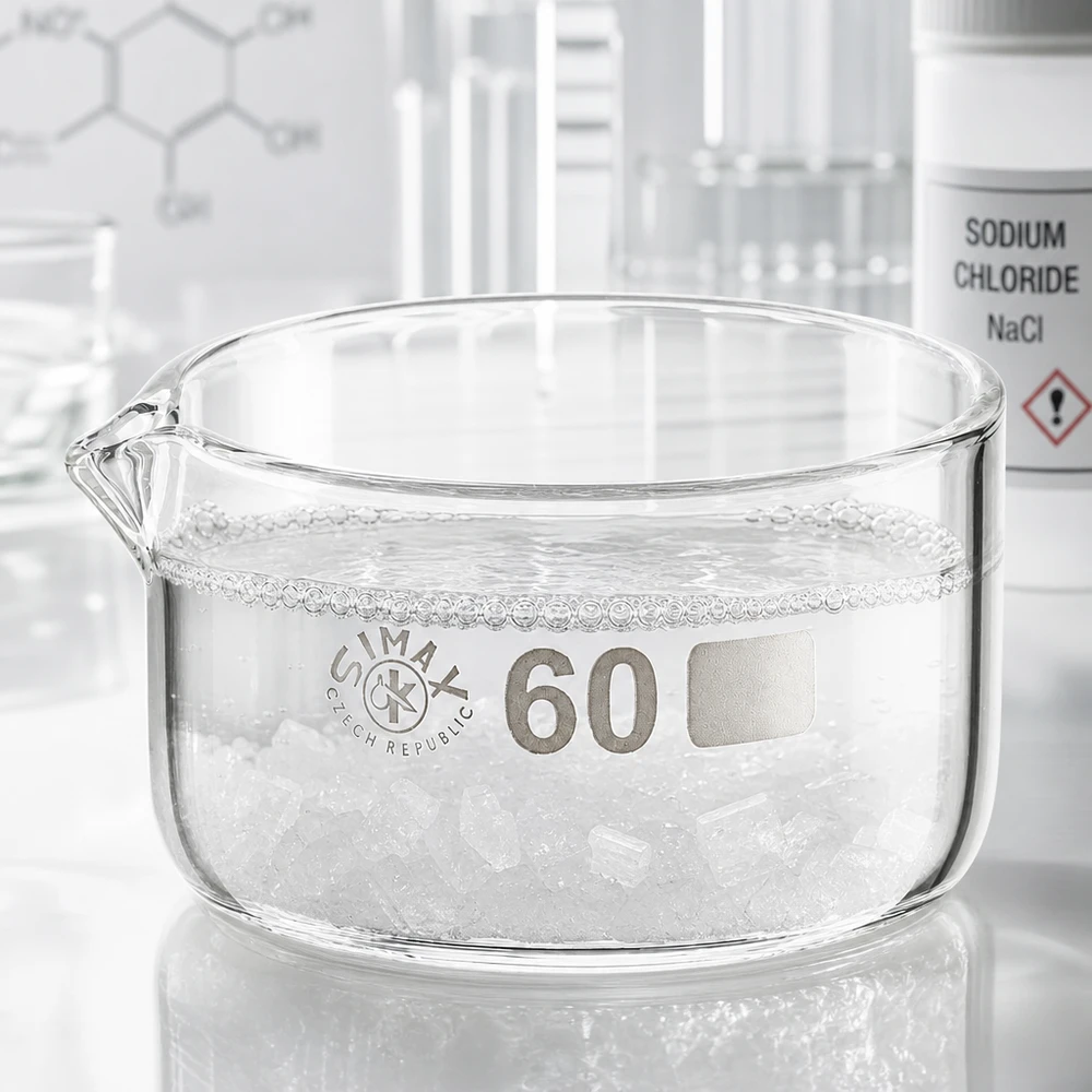 Kristalliseerschaal 60ml met schenktuit Simax kristallisatieschaal 60 ml, bodembreedte 60 mm, platte glazen schaal, laboratoriumuitvoering, uitgietopening aan de zijkant