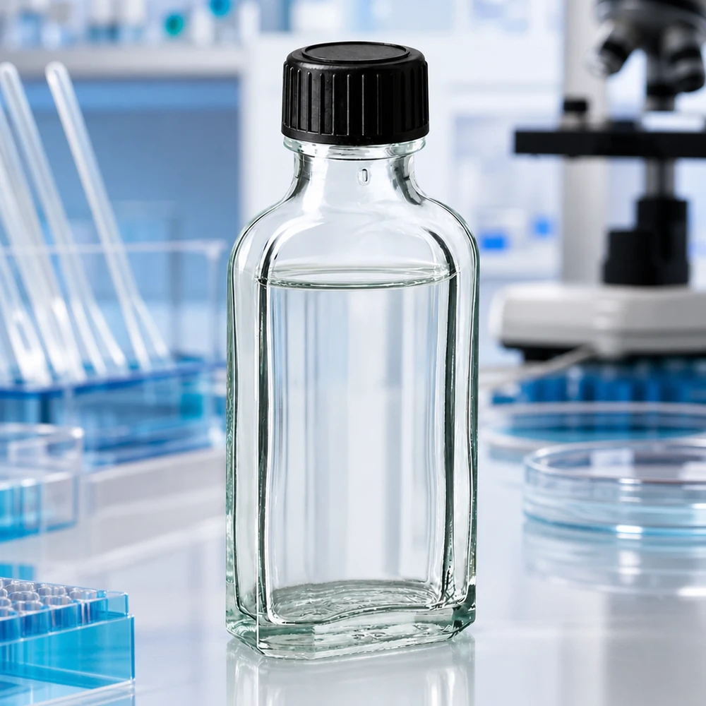 50 ml witte meplatfles met DIN 22 monding, inclusief schroefsluiting DIN 22 zwart van LKD Meplat-schroefflesje van 50 ml, transparant, met afdichtingsring, naast een microscoop en petrischalen