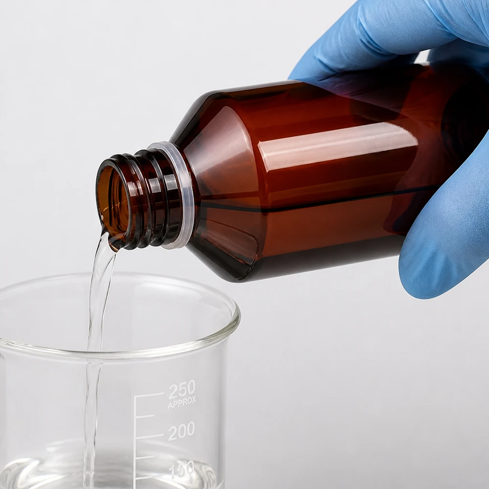 PET fles 750ml met witte verzegelstop + beker Blauwe beschermhandschoenen houden een bruine PET-fles van 750 ml boven een laboratoriumglas met schaalverdeling