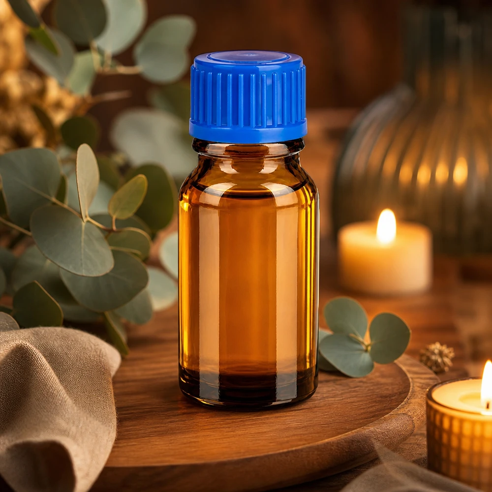 Klein bruin UV-beschermingsflesje 10ml met blauwe dop voor veilig opbergen