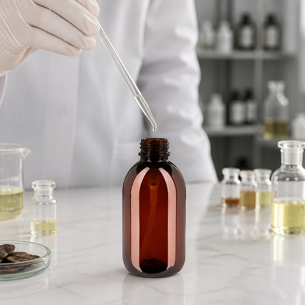 250 ml PET medicijnfles met wit dispenserpomp, standaard Handschuhtragende Fachkraft dosiert klare Flüssigkeit in braune 250ml PET Verpackungsflasche