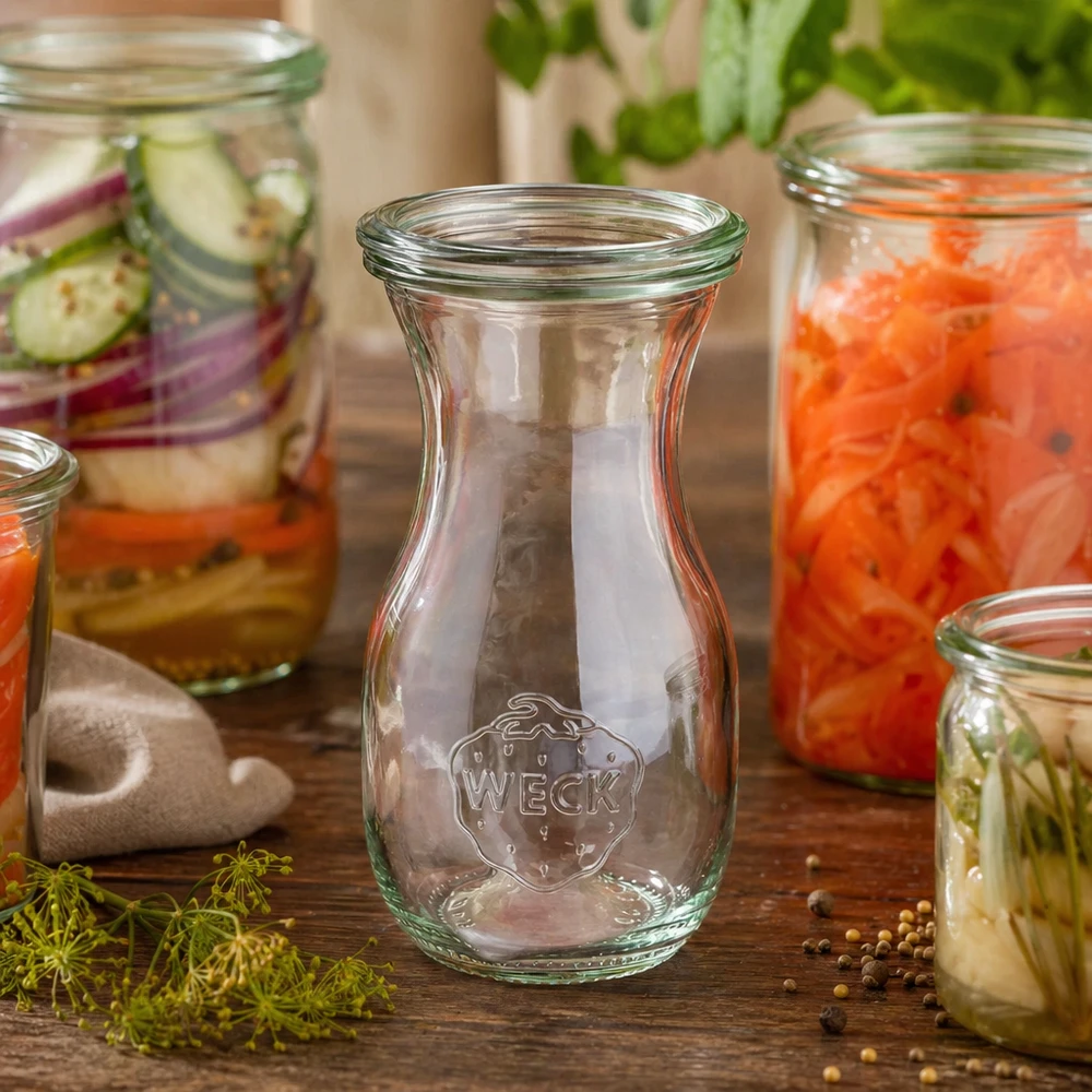 WECK sapfles 290ml RR60 leeg in sfeer met gevulde inmaakpotten en verse kruiden op houten tafel