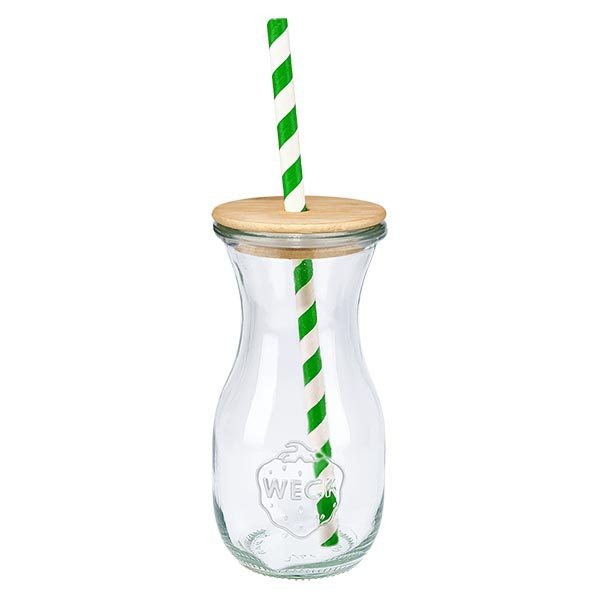 6 x WECK 290 ml sapfles RR60 met houten deksel en 100 ecologische papieren rietjes WECK sapfles 290ml met natuurlijk houten deksel en groen en wit eco rietje single view drinkglas