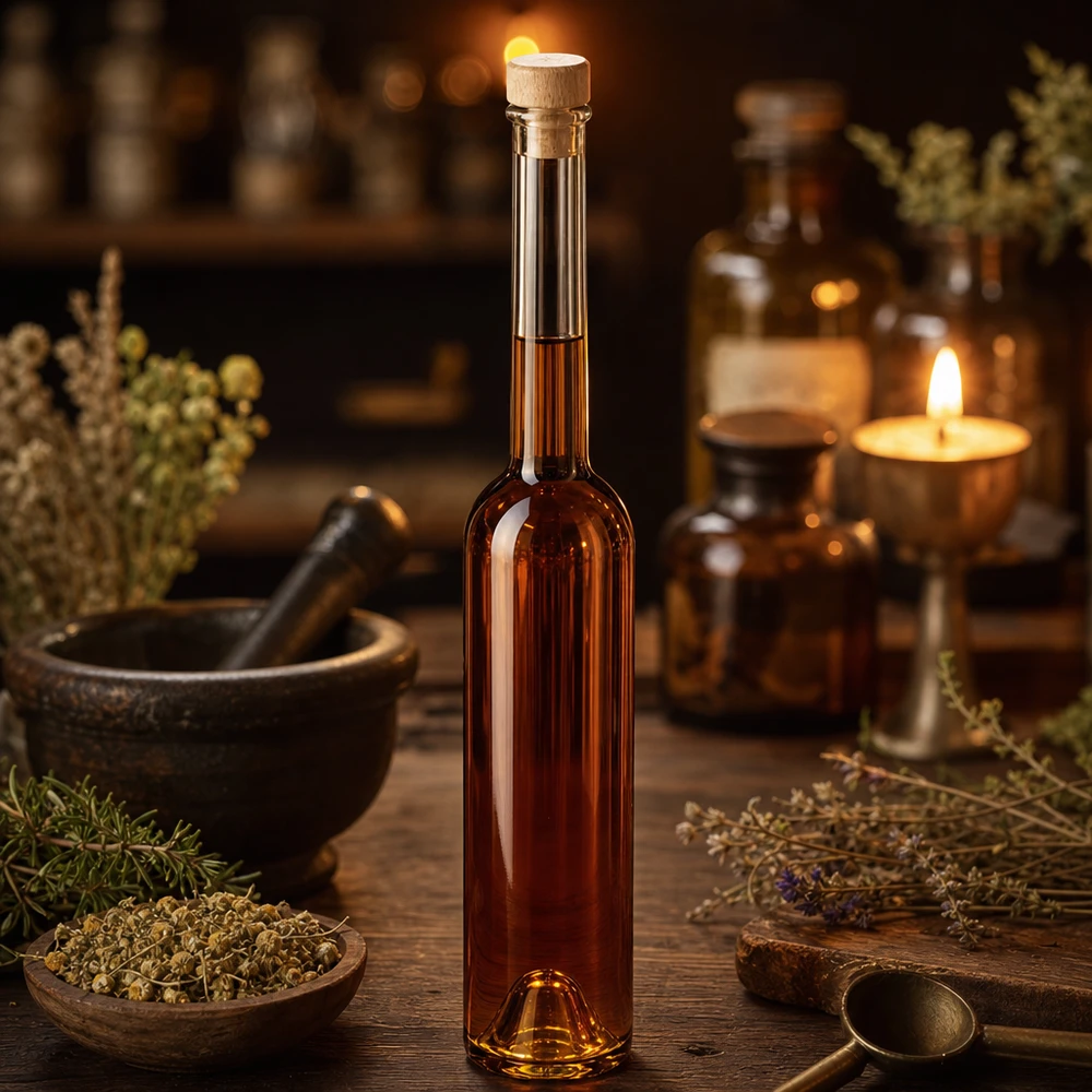 100ml Hugo glazen fles met bruine inhoud in apothekerssfeer met kruiden, vijzel en kaars op houten tafel