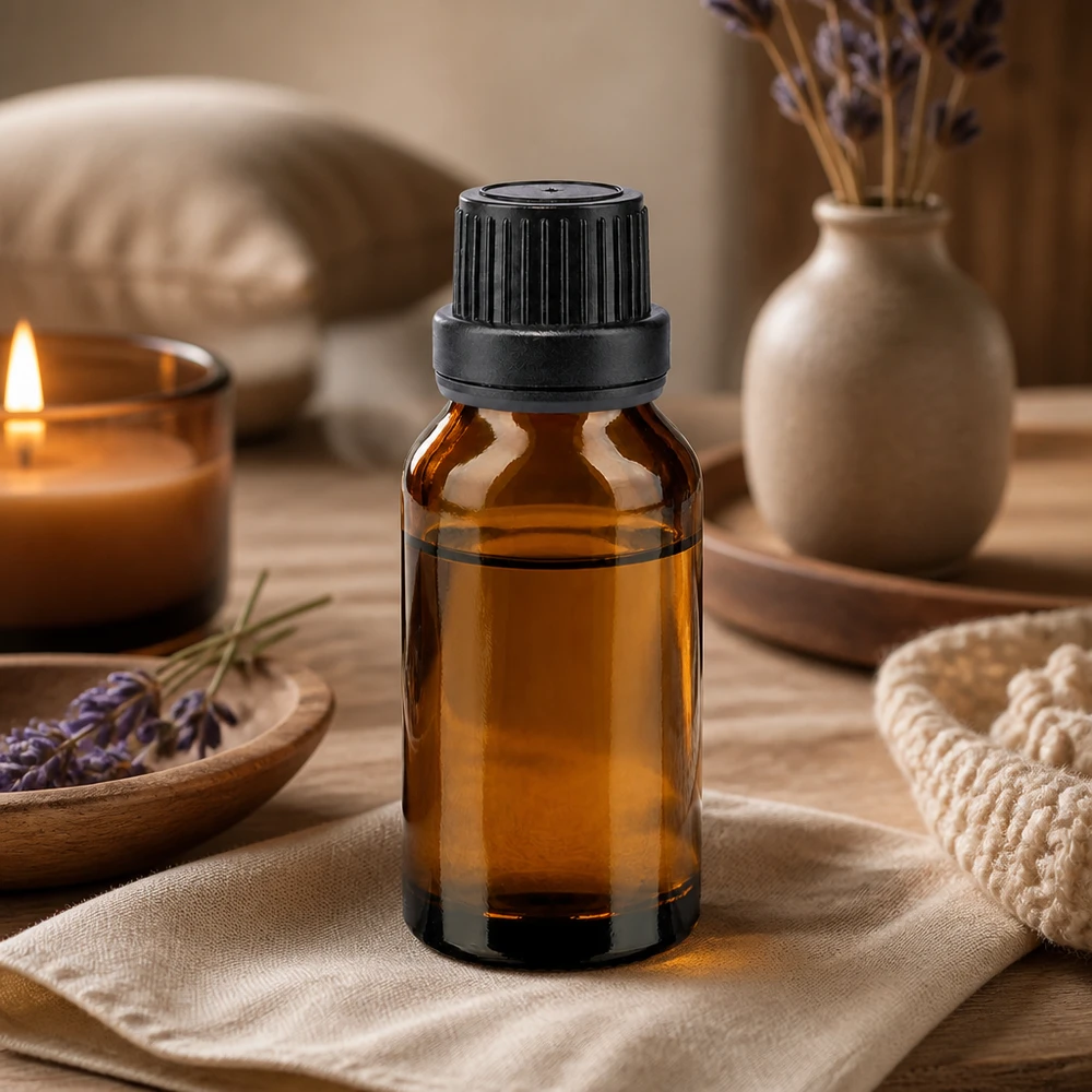 Apothekersflesje van 30 ml van bruin UV-bestendig glas met een dop van 11 mm, op een houten dienblad met gedroogde bloemen
