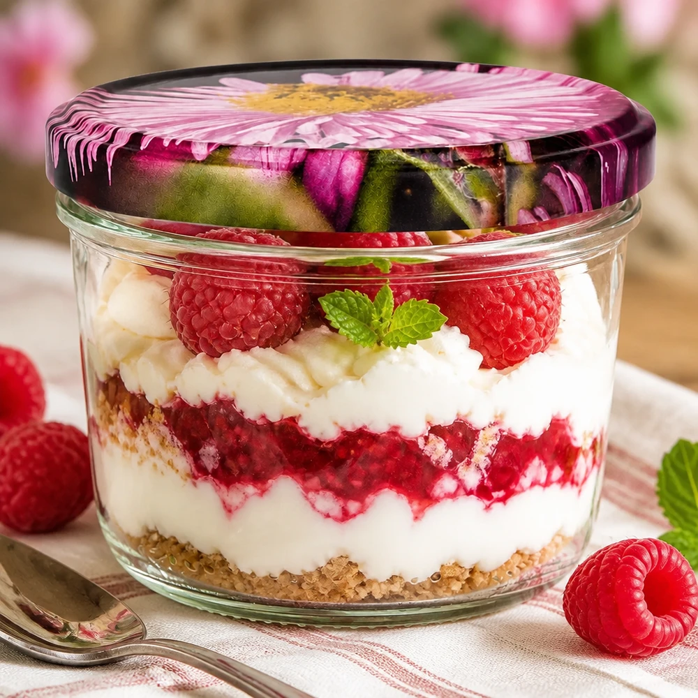 230ml BasicSeal bloemdeksel gevuld met frambozendessert, gelaagd dessert met room en verse bessen