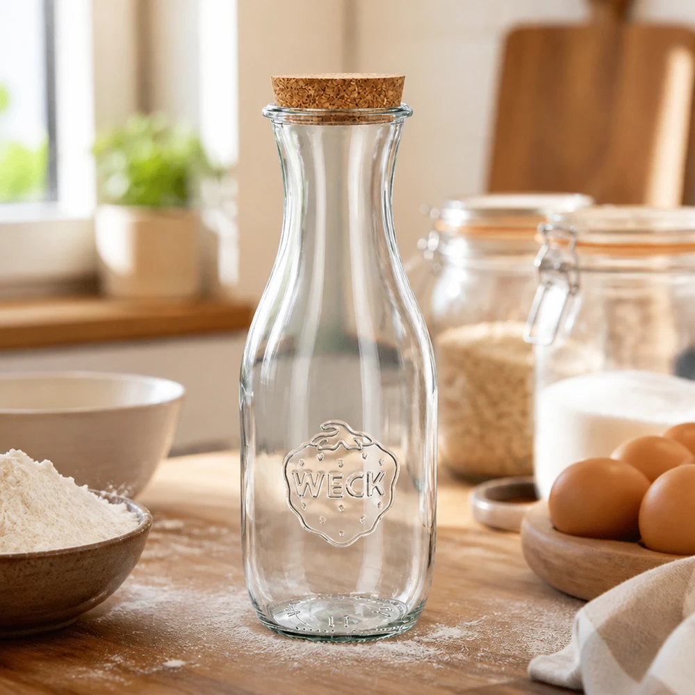 WECK glazen fles 1062ml RR60 met kurk op houten werkblad tussen bakingrediënten zoals bloem en eieren in een lichtgekleurde keuken