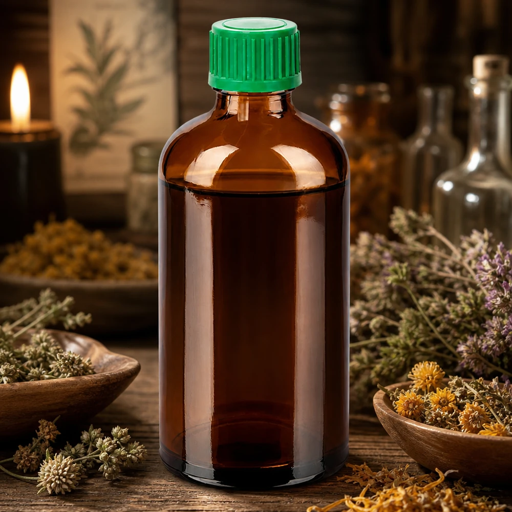 Robuuste glazen fles 100ml in bruin met groene dop voor kruidenextracten en remedies