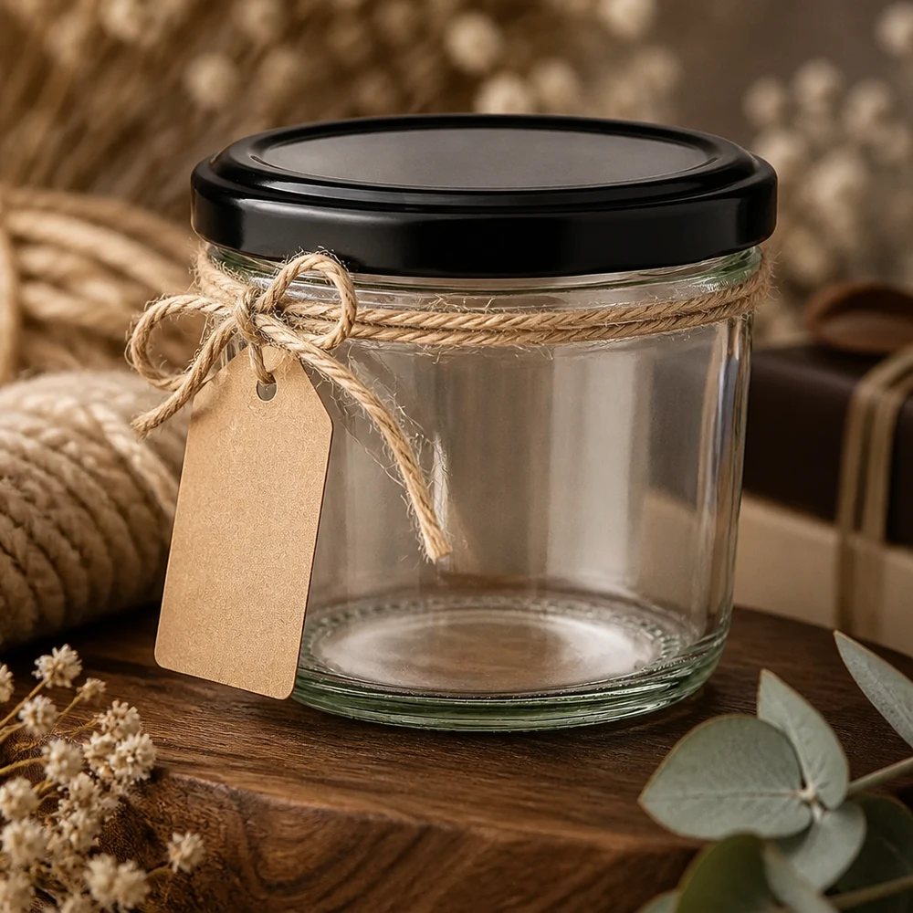 230ml bekers met zwart deksel en jute strik als geschenkverpakking op een rustieke houten achtergrond
