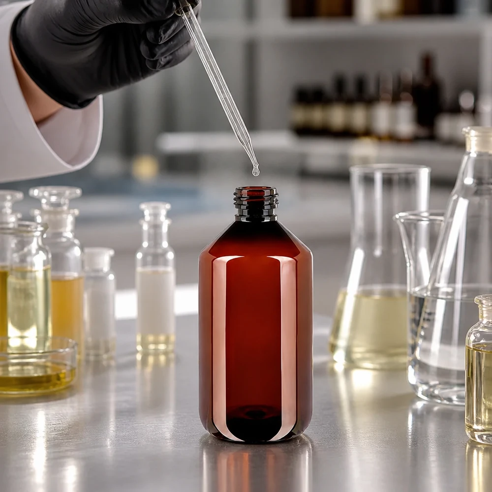 PET fles 500ml met bruine dop standaard Chemielabor mit brauner 500ml PET Flasche umgeben von Erlenmeyerkolben und Reagenzgläsern