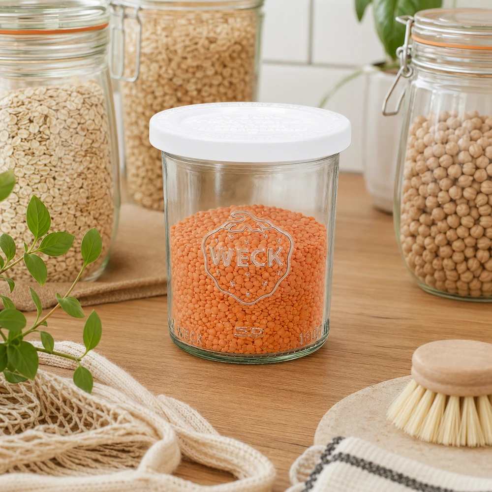 WECK RR60-pot van 160 ml met vershouddeksel WECK 160ml bekers RR60 gevuld met rode linzen in duurzame keuken met voorraadpotten en houten keukengerei