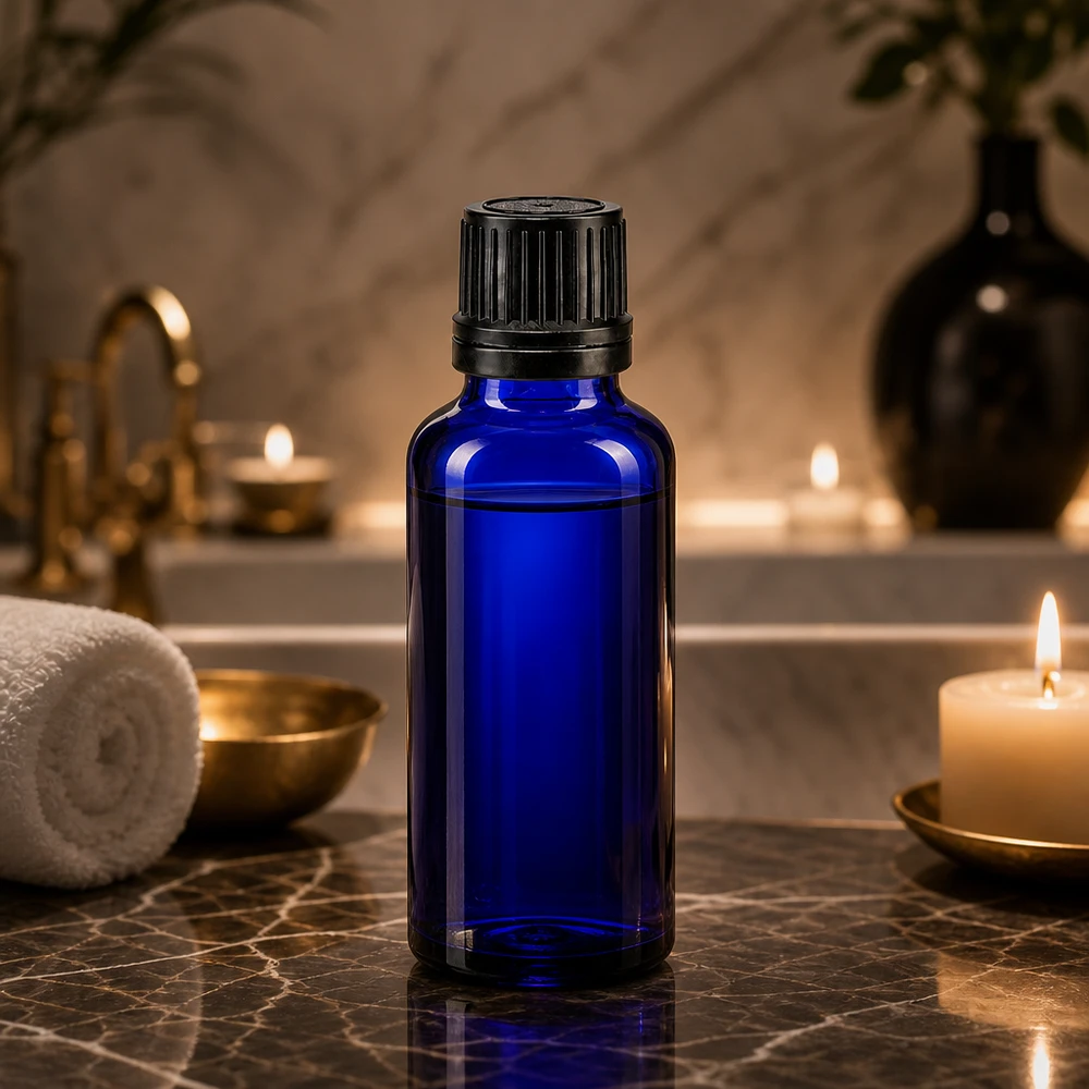 Slanke blauwe apothekersfles van 30 ml, gemaakt van hoogwaardig glas, met een zwarte druppelinzet