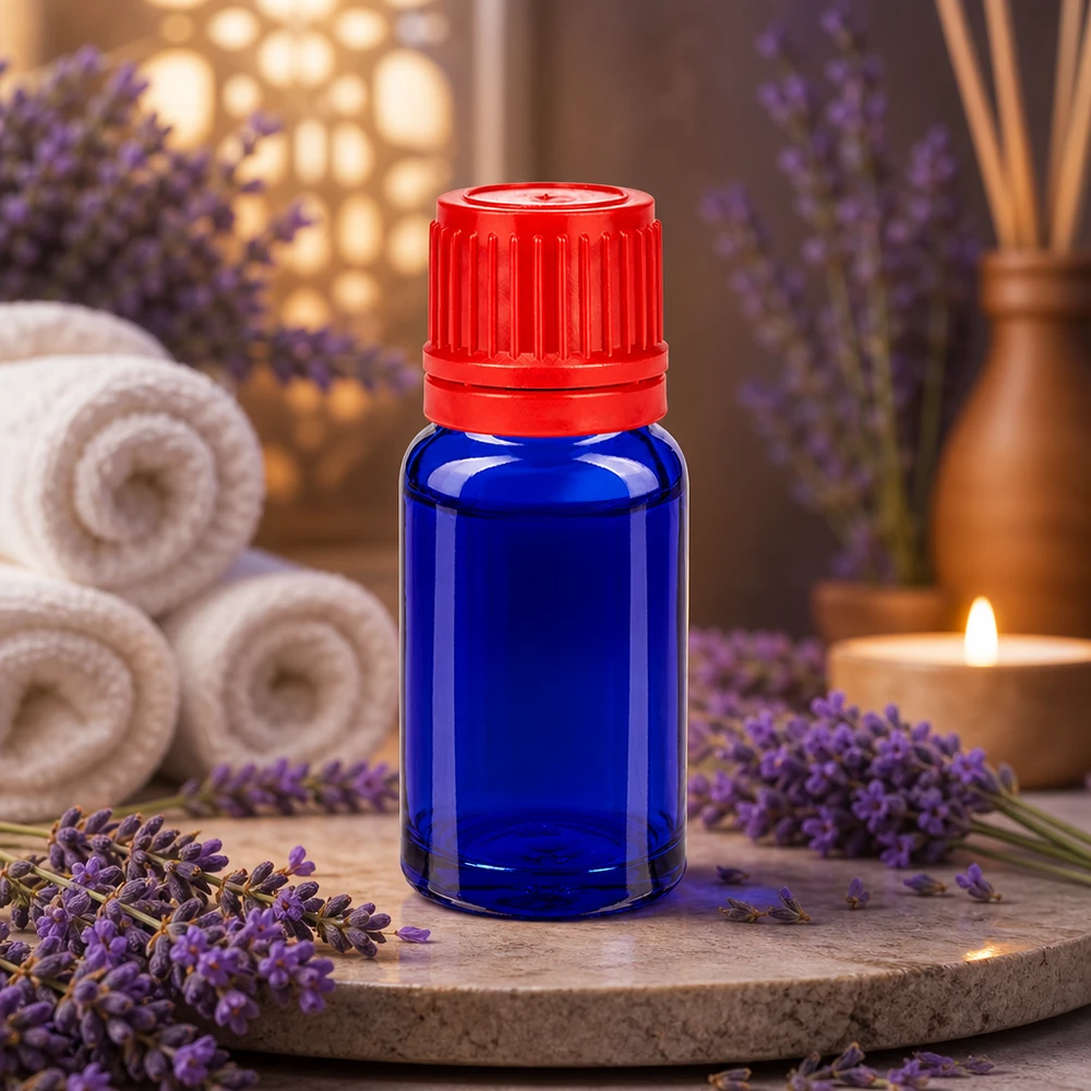 10ml flesje 11mm SV rood OV BlueLine UT18/10 10ml apothekersflesje blauw met rode dop 11mm voor professionele aromatherapie
