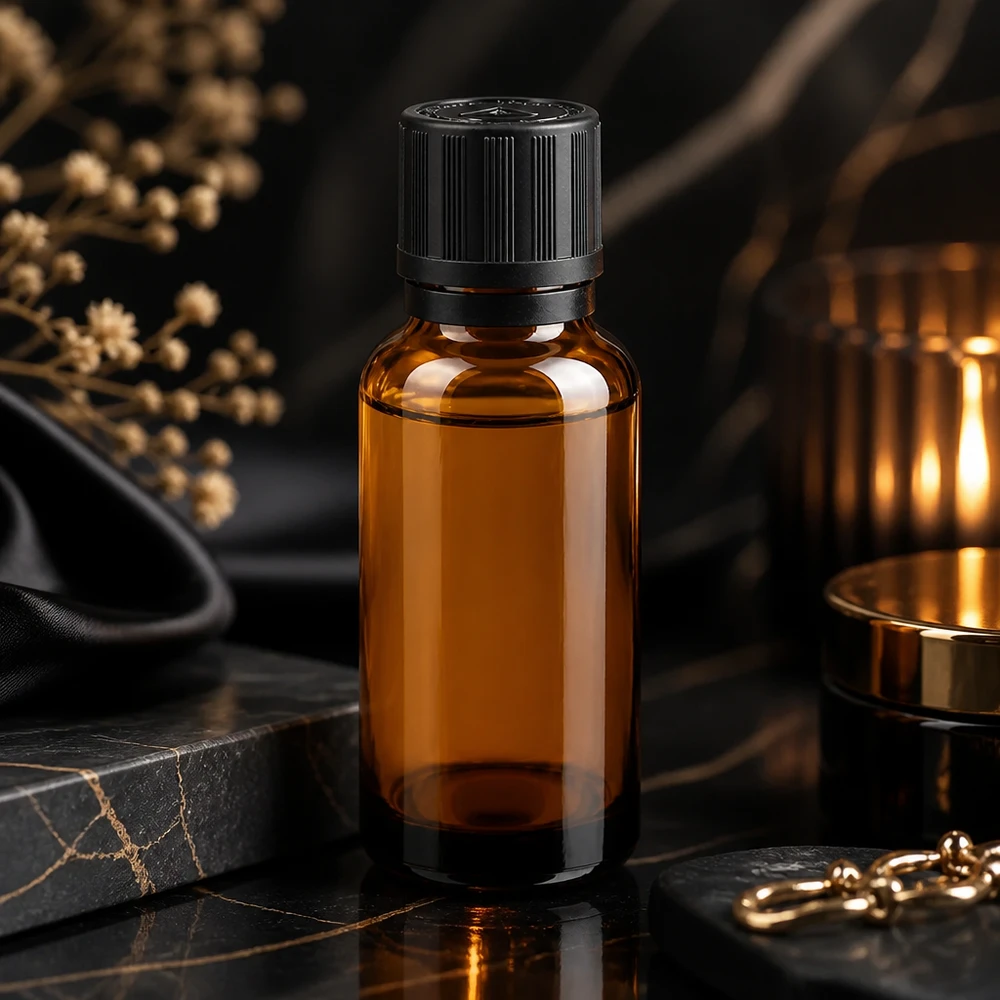 UV-bestendige druppelfles van bruin glas, 20 ml, met gegroefde veiligheidsdop in zwart