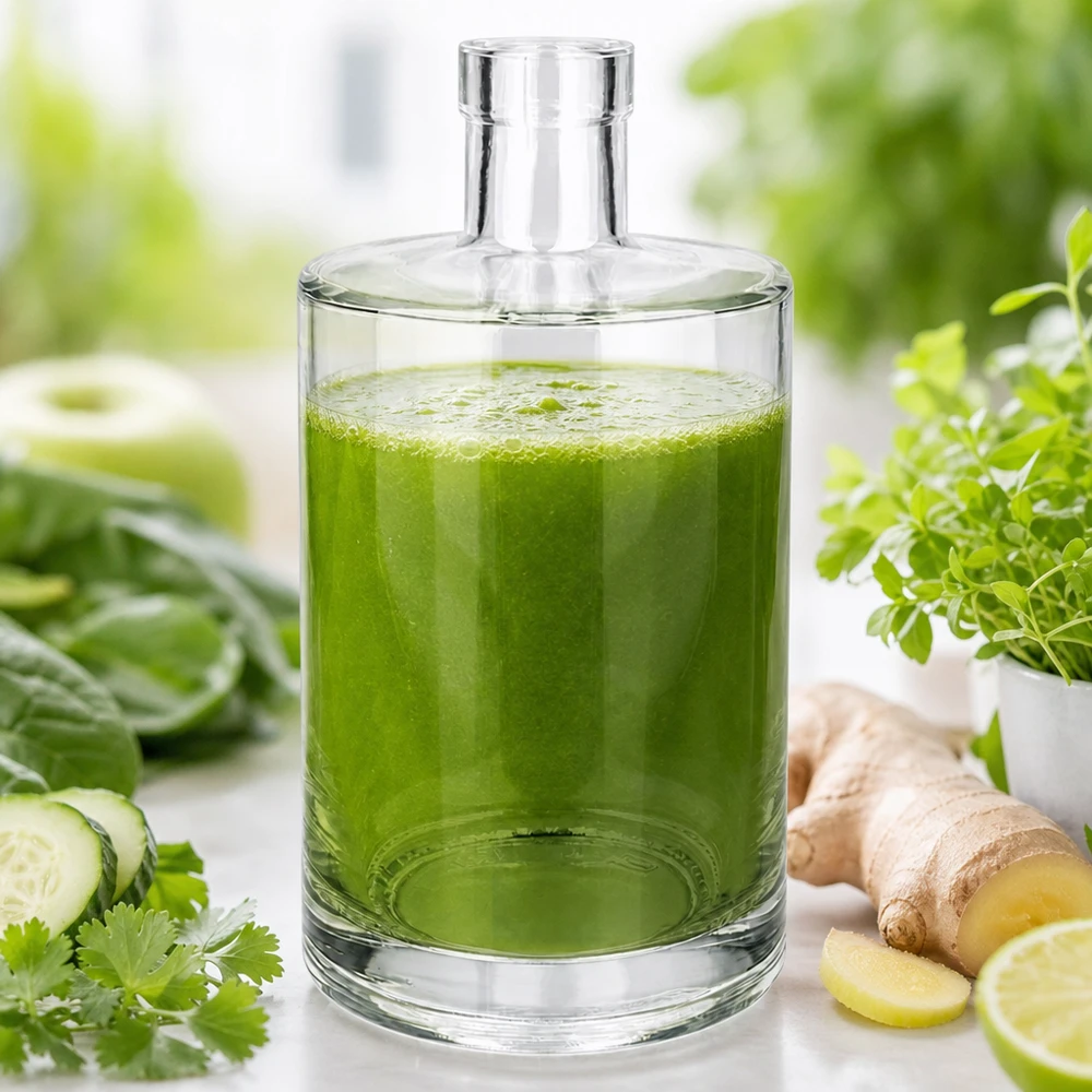 700 ml glazen fles Marie zonder sluiting UNiTWIST® 700ml glazen fles Marie gevuld met groene smoothie naast komkommer gember en kruiden op een lichte achtergrond
