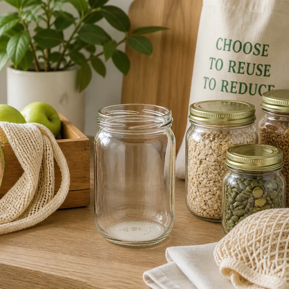 Grote ronde glazen pot van 555 ml met brede opening en geribbelde bodem voor voorraden en ingemaakte producten