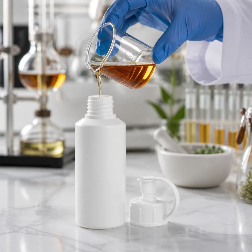 PET cilinderfles 30ml wit met sproeisluiting wit Compacte farmaceutische fles van 30 ml, wit HDPE, met spuitinzetstuk voor vloeibare preparaten