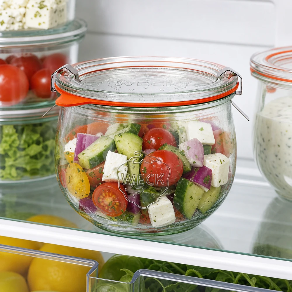 WECK tulp pot 580ml RR100 met kleurrijke salade in de koelkast, praktische maaltijd prep opslag voor verse ingrediënten