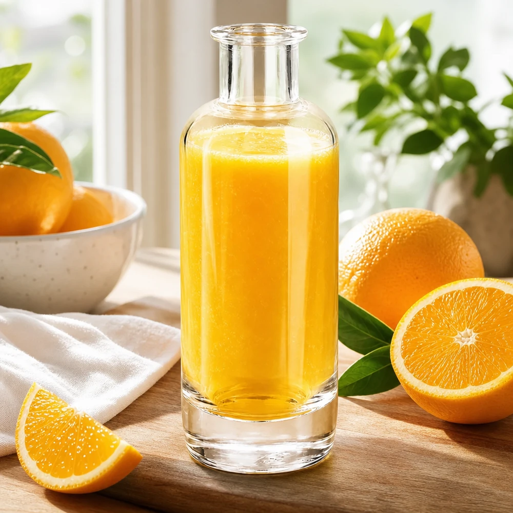 200ml glazen fles Ella gevuld met sinaasappelsap omringd door verse sinaasappels toont natuurlijke fruitdrank Toepassing