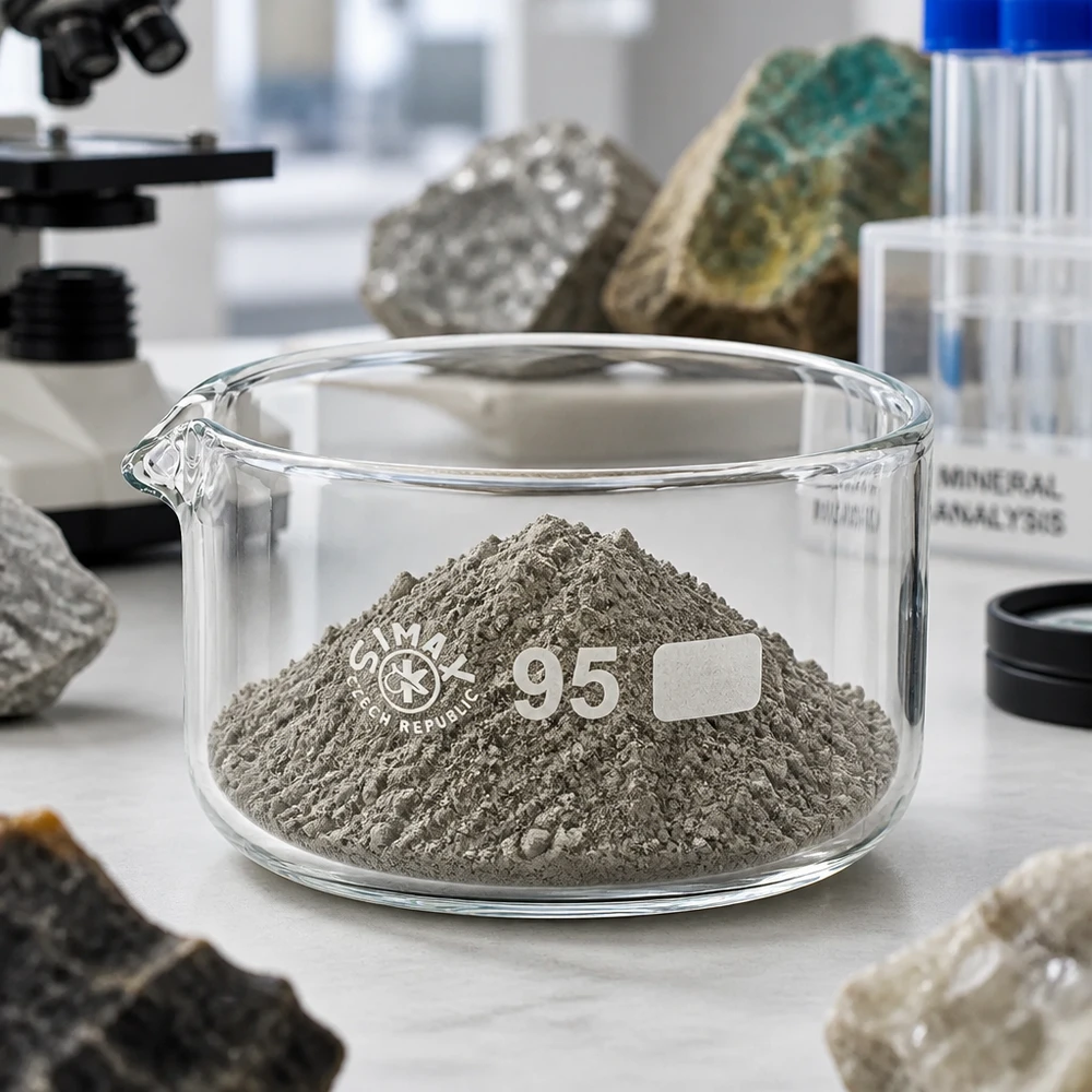 Laboratoriumschaal ø95 mm SIMAX Tsjechië met gemalen mineraal op een wit laboratoriumoppervlak