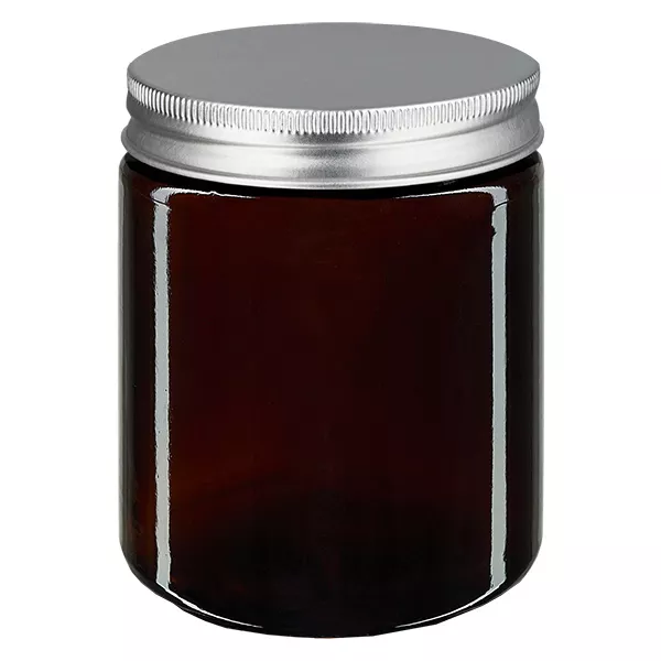 180 ml glazen pot bruin, met zilveren metalen deksel ApoGlas. Farmaceutische kwaliteit uit EU-productie. Voedselveilig. Met UV-bescherming.