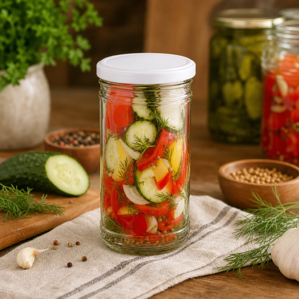 1053ml trommels met ingemaakte groentenmix komkommers paprika uien dille toont veelzijdig gebruik als inmaakpotje