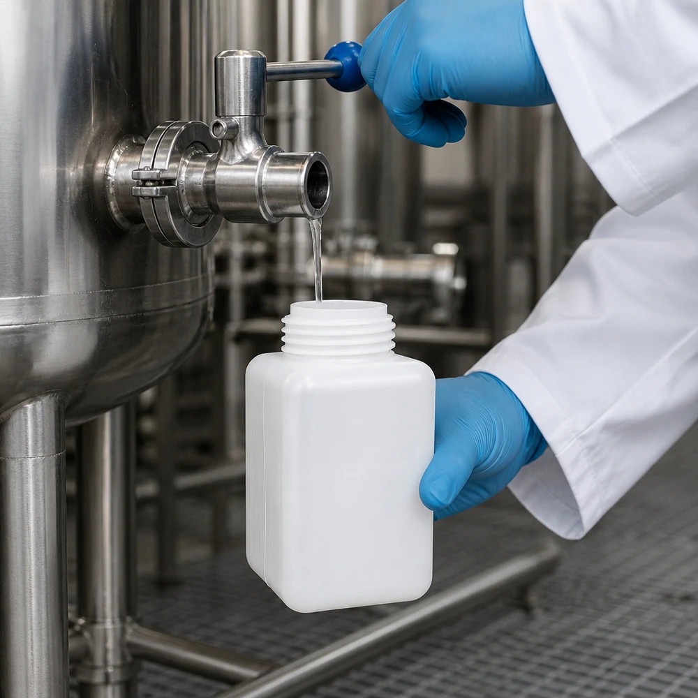 PE-HD-fles met brede hals, 1000 ml, naturel, robuust, voor het nemen van monsters uit roestvrijstalen vaten