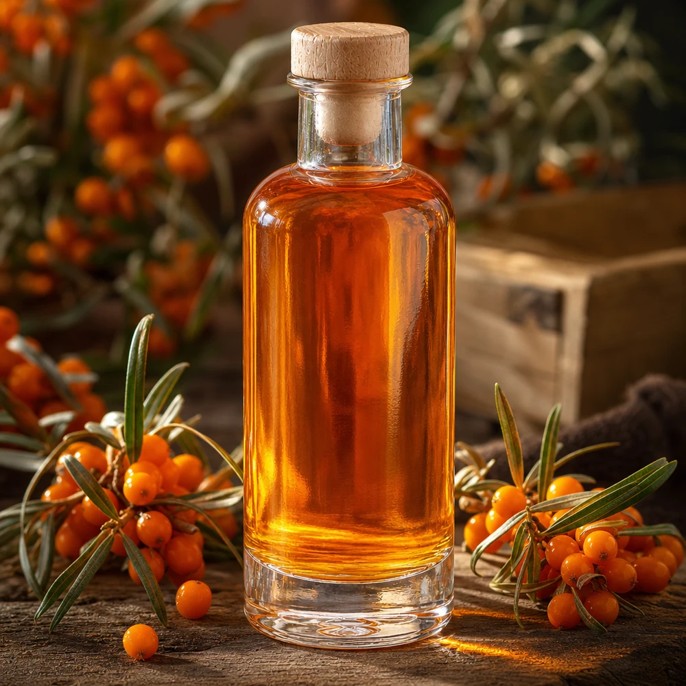 200 ml glazen fles Ella met houten handgreepkurk UNiTWIST® 200 ml glazen fles Ella met houten kurk gevuld met oranje duindoornolie tussen verse duindoorntwijgen